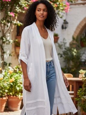 White Lightweight Sheer Tunic Cover-Up 1X Linen Summer Vacation Coastal